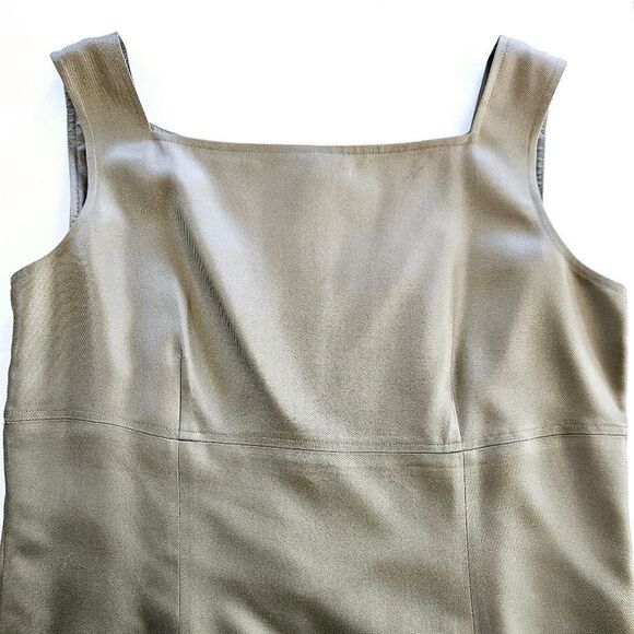 Vintage Talbots 100% Silk Olive Green Sleeveless Pleated Hem Sheath Dress 10 - Picture 4 of 10